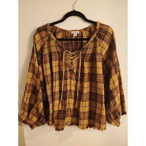 Sundance Plaid Boho Peasant Blouse Size S 100% Cotton Lace Up Fringe Hem Top